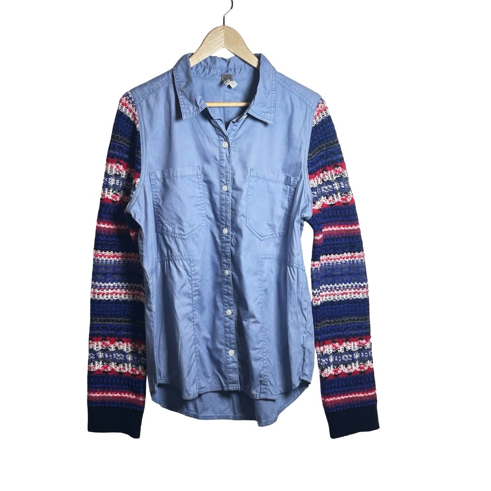We The Free Knit Sleeve Button Up Chambray Shirt Women's Size Large Boho Western